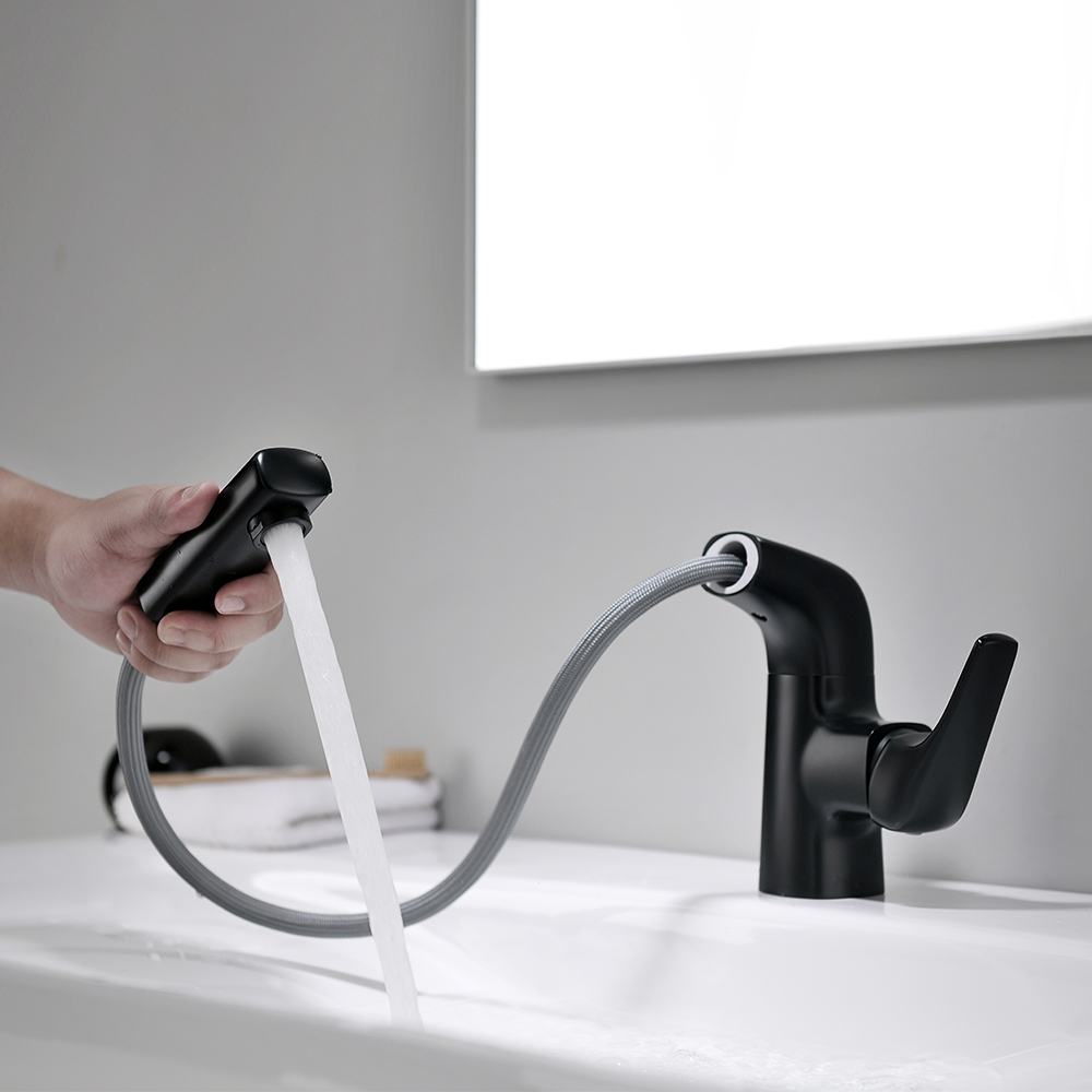 Grifo de lavabo de latón de una sola manija para baño extraíble en negro mate